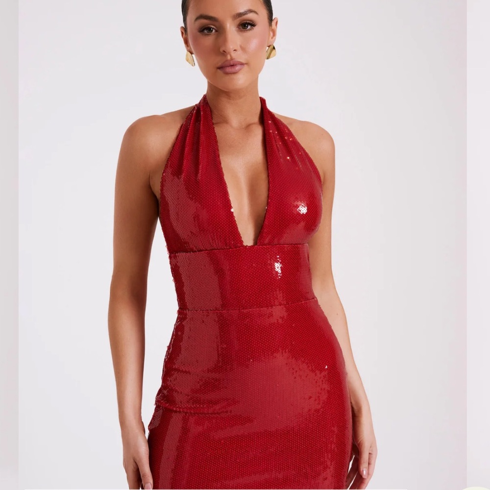 Meshki Carleigh Sequin Halter Mini Dress Red